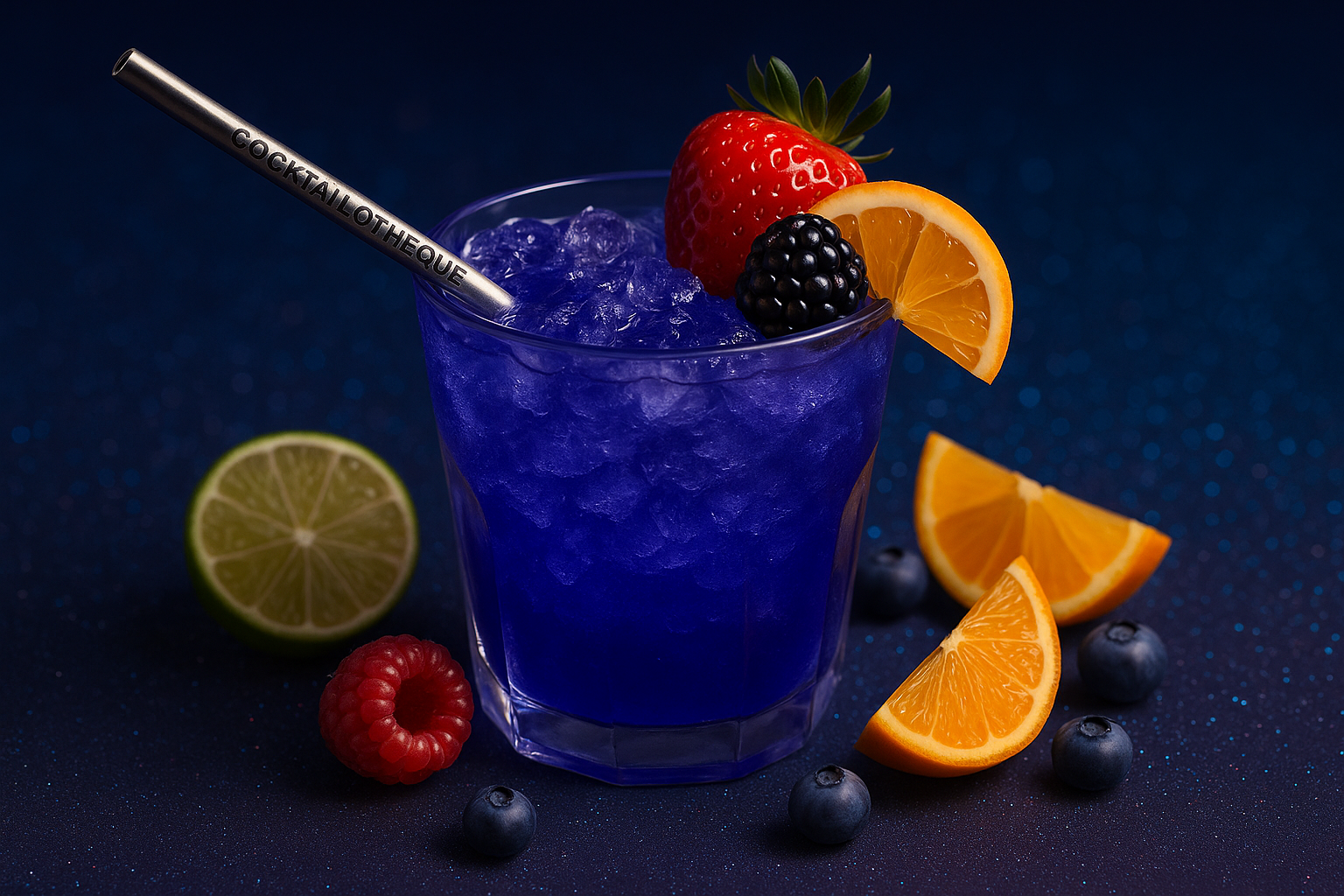 Un cocktail coloré dans un verre sur fond sombre